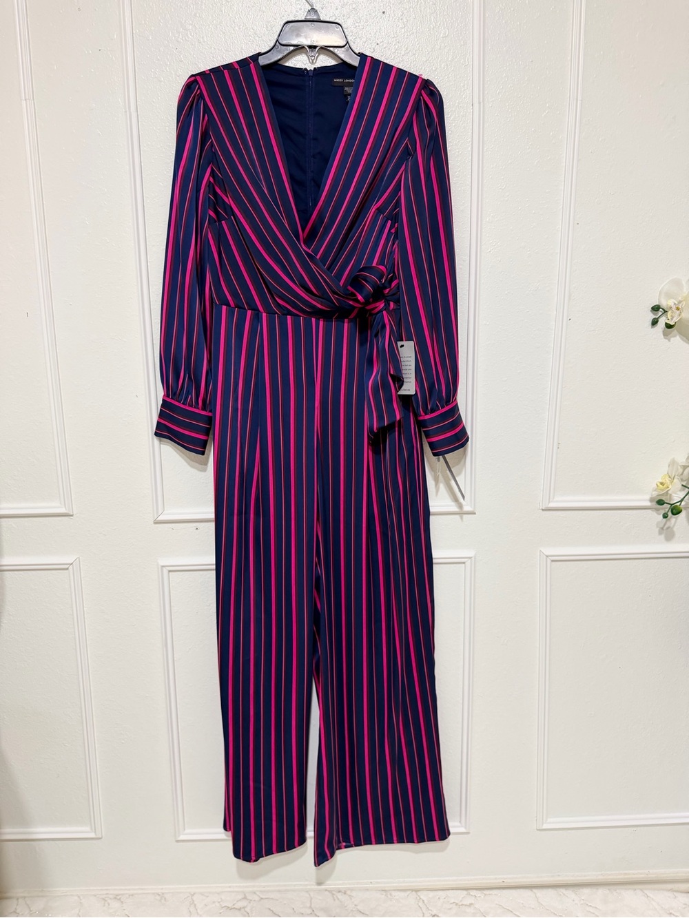Maggy London Navy Jumpsuit with Pink Stripes